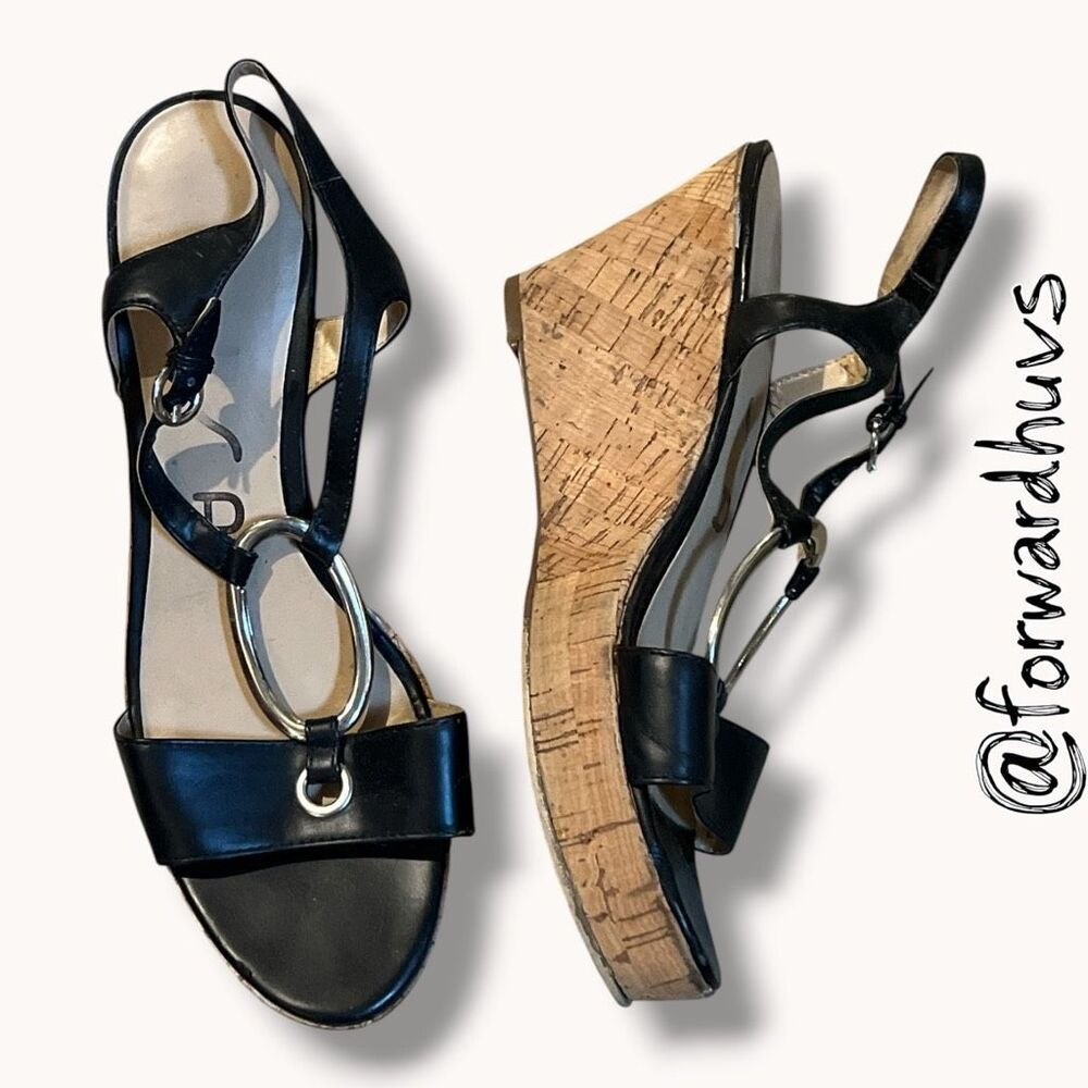 Unisa Black Cork Wedge Slingback Sandals Silver Hardware Women’s Size - Picture 4 of 8